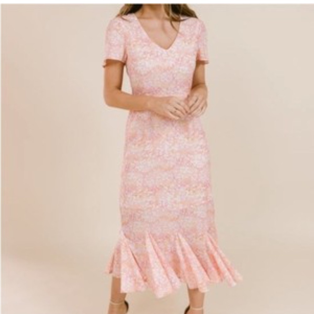 LAROQUE ORIGINAL $368 Pink Floral Lined Midi Flounce Dress Sz large (bin FF)
